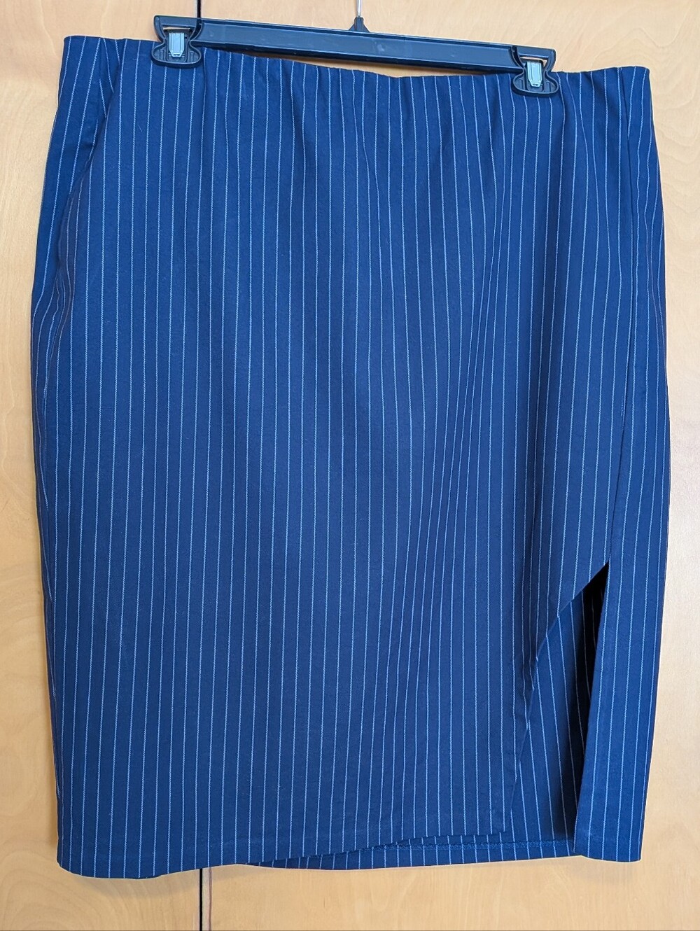 Navy Pinstripe Pencil Skirt with Side Slit